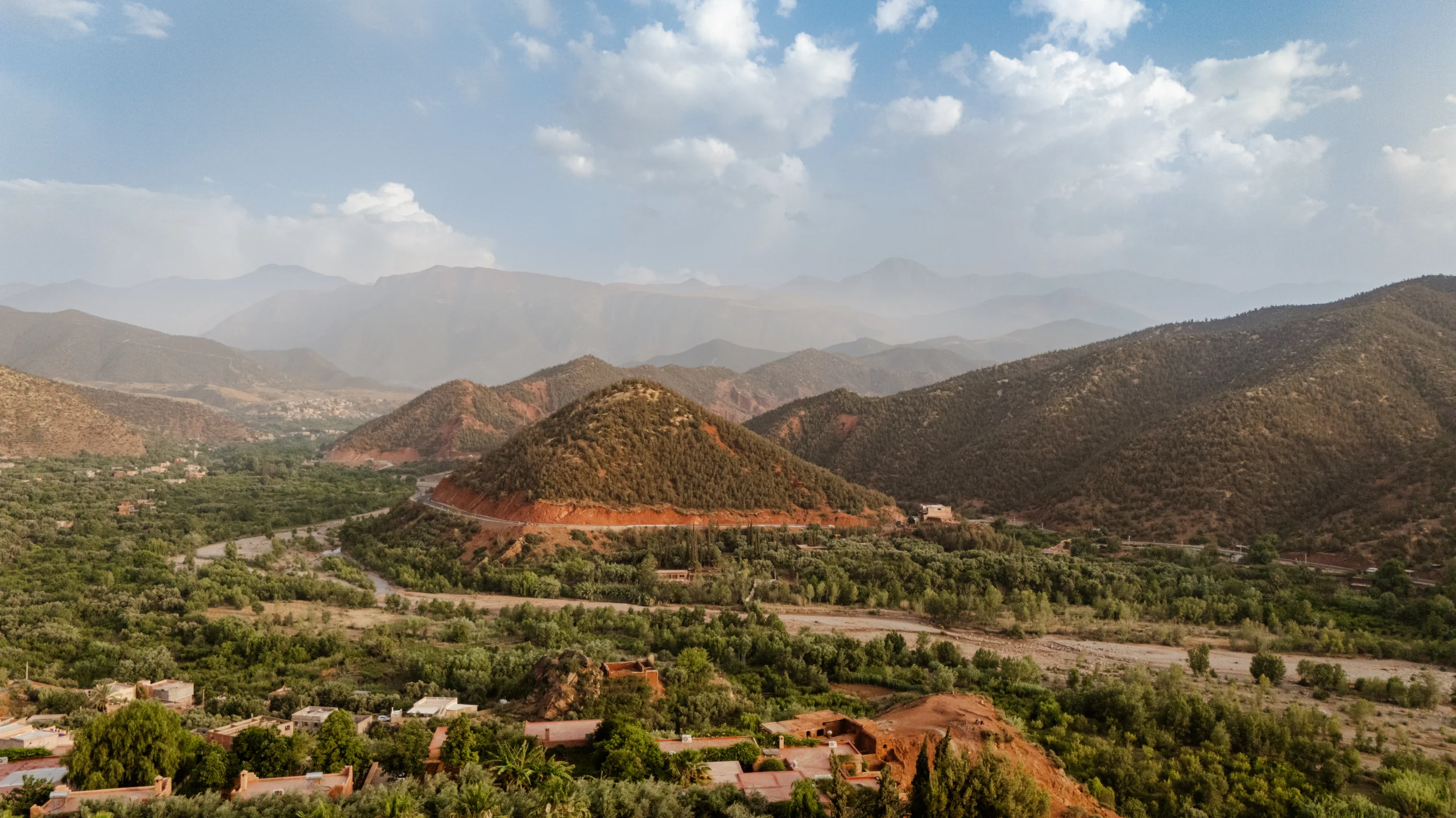 a landscape of a valley with trees and mountains